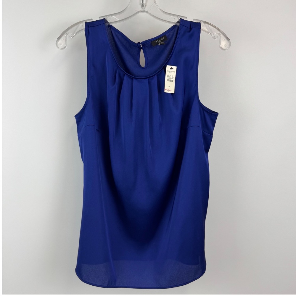 Talbots Petites Blue Pleated Neck Sleeveless Shell Blouse Top PL NWT - Picture 2 of 12